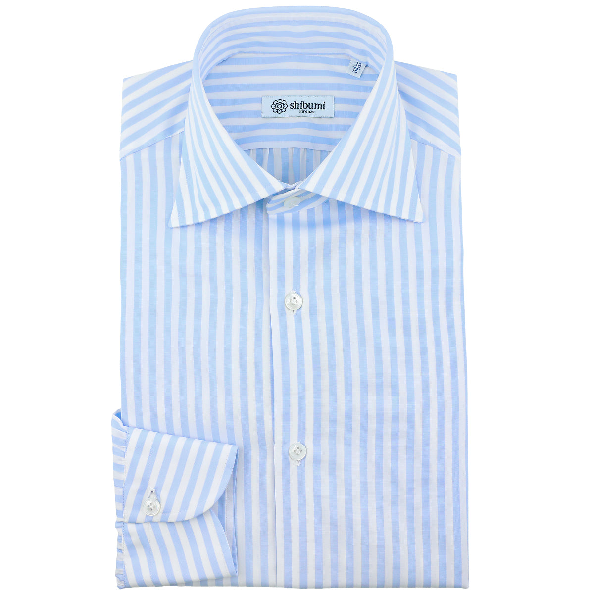 Poplin Semi Spread Shirt - White / Light Blue - Butcher Stripe