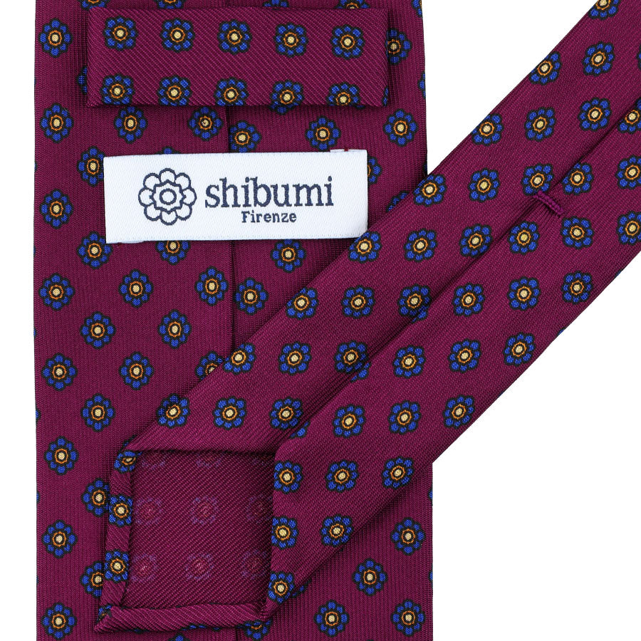 Shibumi-Flower Printed Silk Tie - Berry - Hand-Rolled