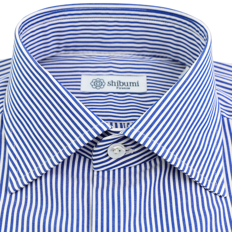 Poplin Semi Spread Shirt - White / Blue - Pencil Stripe