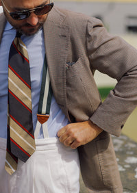 Repp Stripe Silk Tie - Navy / Beige / Red - Hand-Rolled