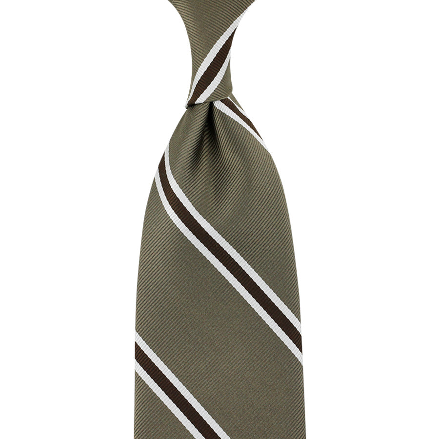 Japanese Repp Stripe Silk Tie - Army - Hand-Rolled