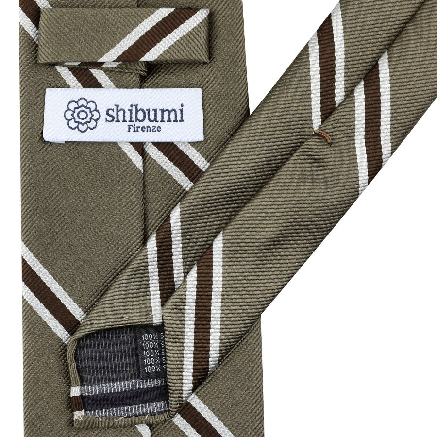 Japanese Repp Stripe Silk Tie - Army - Hand-Rolled