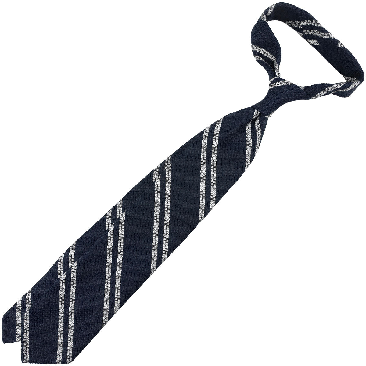 Striped Cashmere / Silk Grenadine Tie - Navy - Hand-Rolled