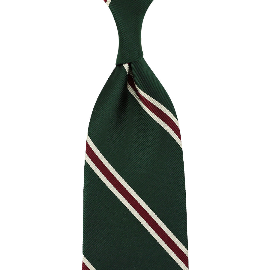 Japanese Repp Stripe Silk Tie - Bottle Green - Hand-Rolled