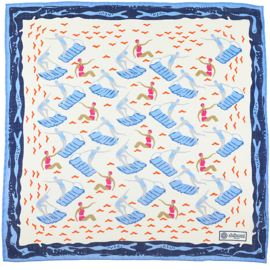 Beach Motif Wool / Silk Pocket Square - White - 40x40cm