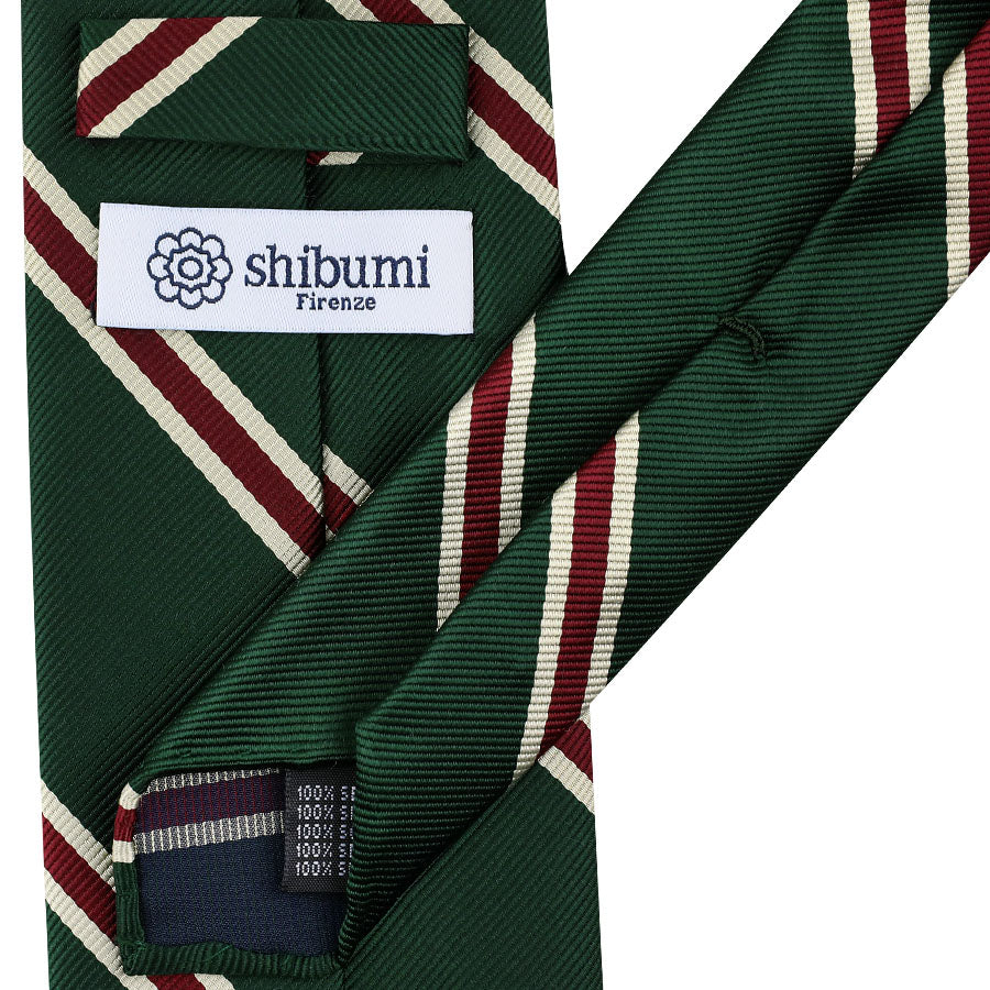 Japanese Repp Stripe Silk Tie - Bottle Green - Hand-Rolled