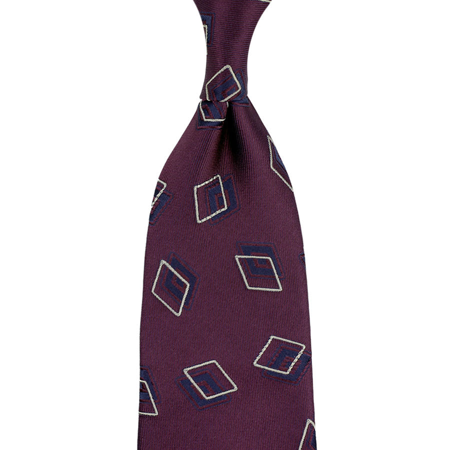 Geometrical Jacquard Silk Tie - Eggplant - Hand-Rolled