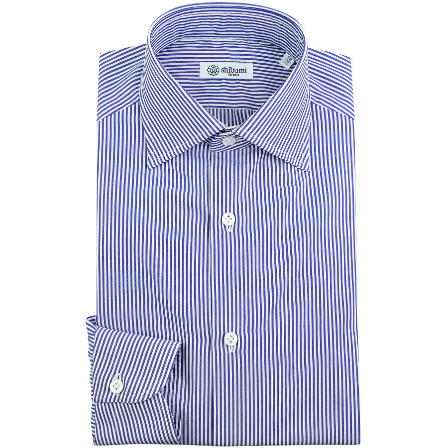 Poplin Semi Spread Shirt - White / Blue - Pencil Stripe