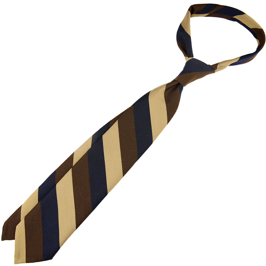 Mogador Block Stripe Silk / Cotton Tie - Navy / Brown / Beige
