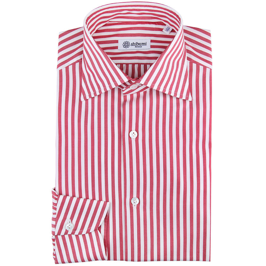 Poplin Semi Spread Shirt - White / Red - Butcher Stripe