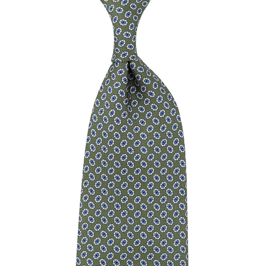 Vintage Printed Silk Tie - Olive - Hand-Rolled