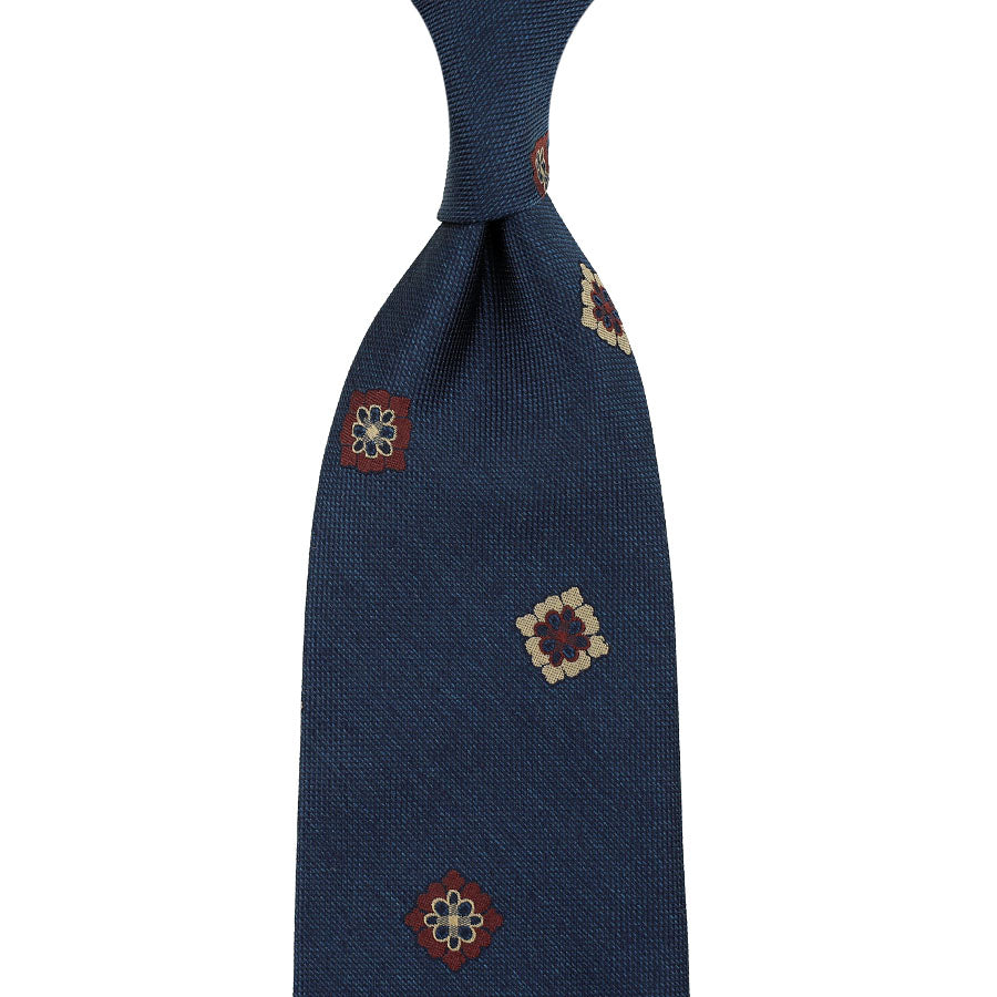 Floral Boucle Silk Tie - Navy - Hand-Rolled