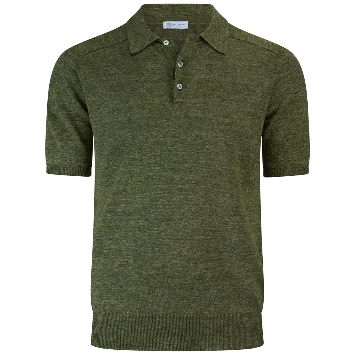 Pure Linen Short Sleeve Polo Shirt - Olive Mottled