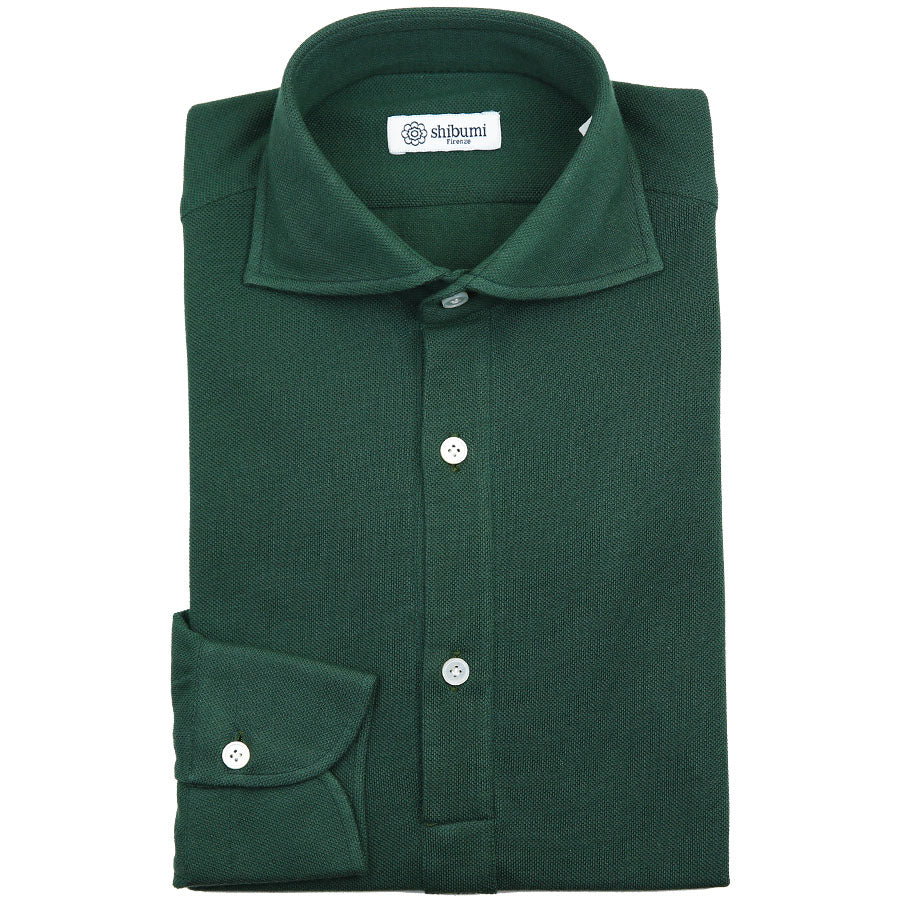 Long Sleeved Polo Shirt - Wide Spread - Dark Green - Regular Fit