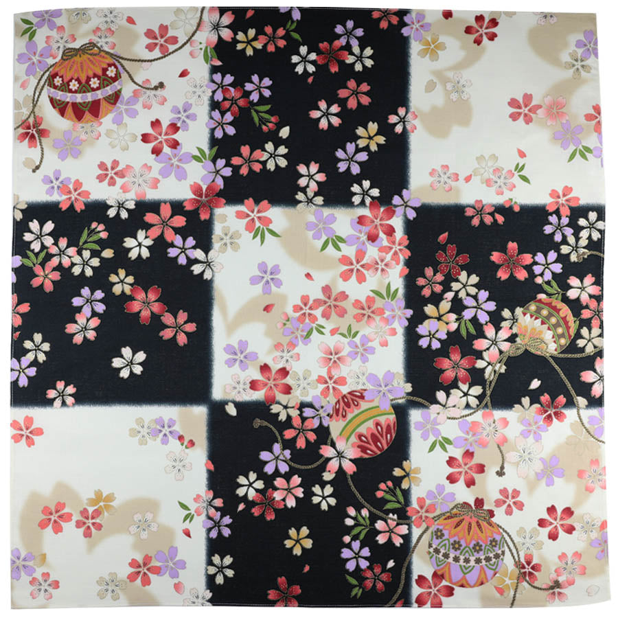 Kimono Motif Cotton Handkerchief - Black / Cream