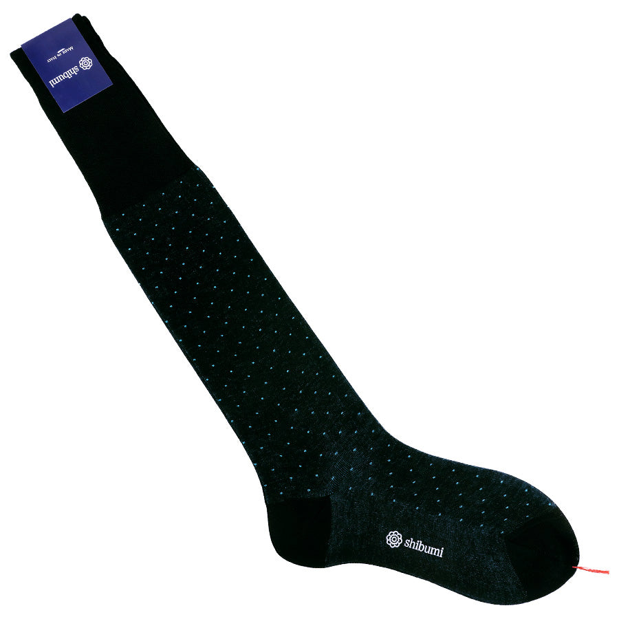 Knee Socks - Dots - Black / Blue Sea - Pure Cotton