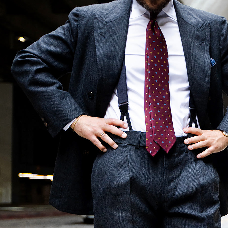 Floral Printed Silk Tie - Burgundy - Hand-Rolled