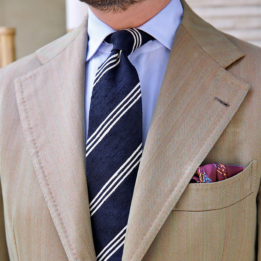 Triple Stripe Shantung Bespoke Tie - Navy / White