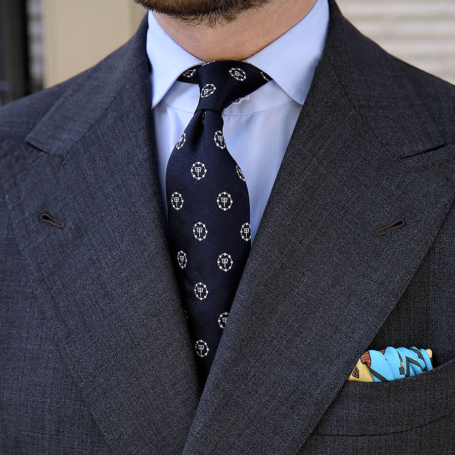Gion Crest Jacquard Silk Tie - Navy - Hand-Rolled