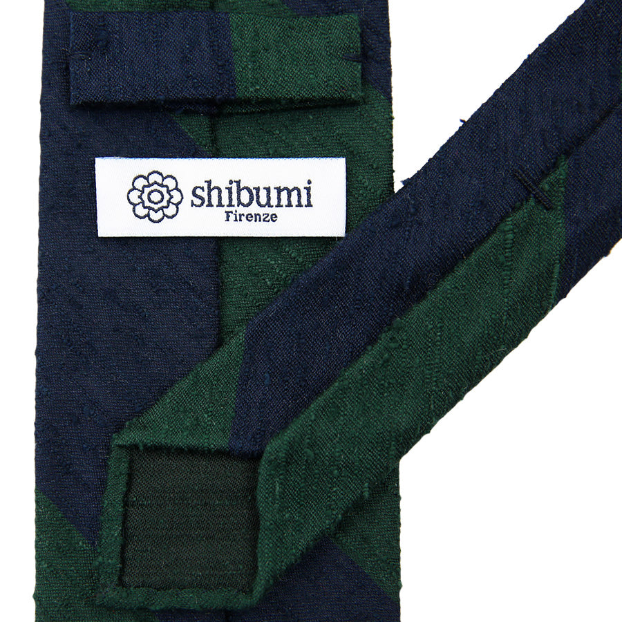 Block Stripe Shantung Silk Tie - Navy / Forest - Hand-Rolled