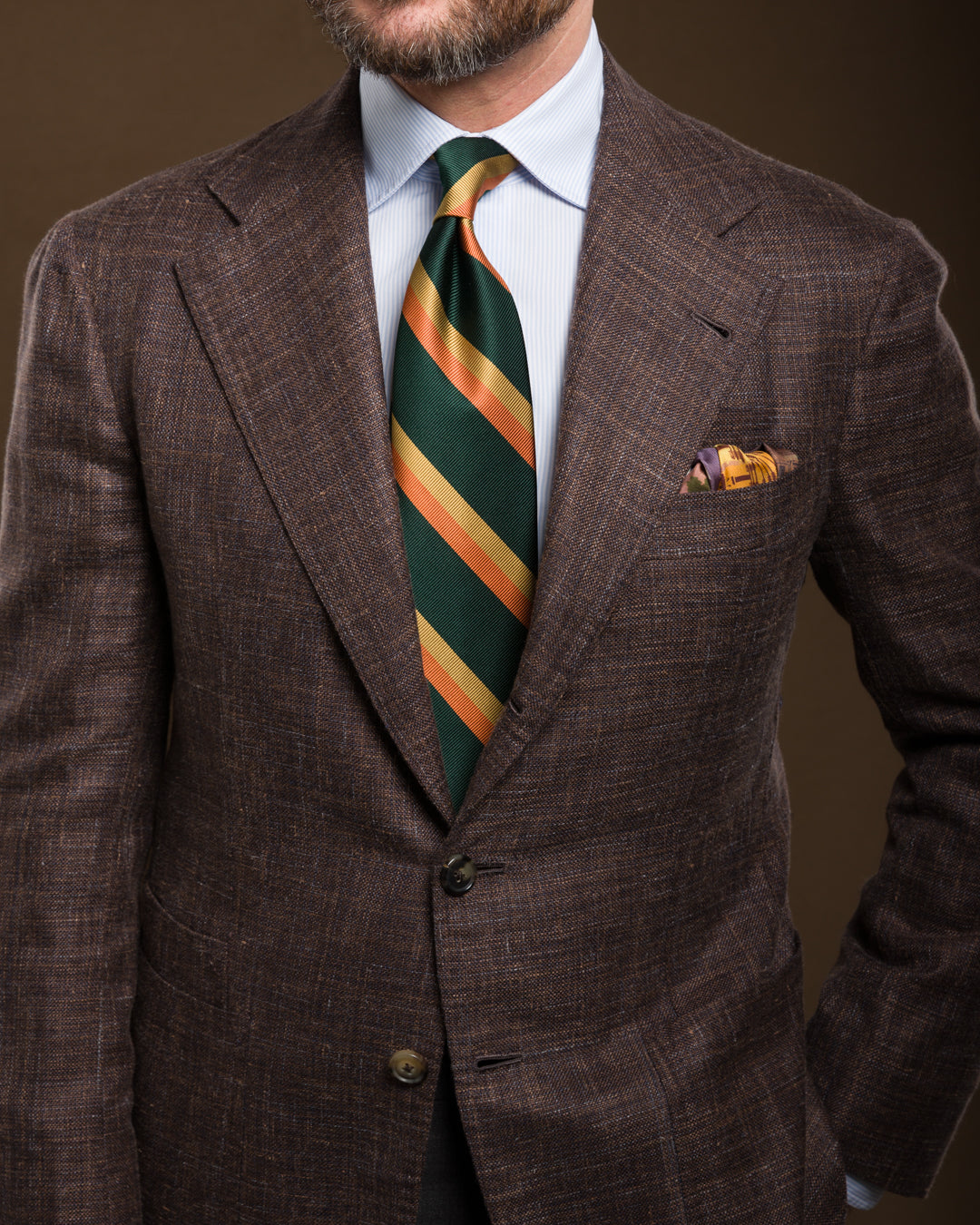 Japanese Repp Stripe Silk Tie - Forest / Beige / Orange