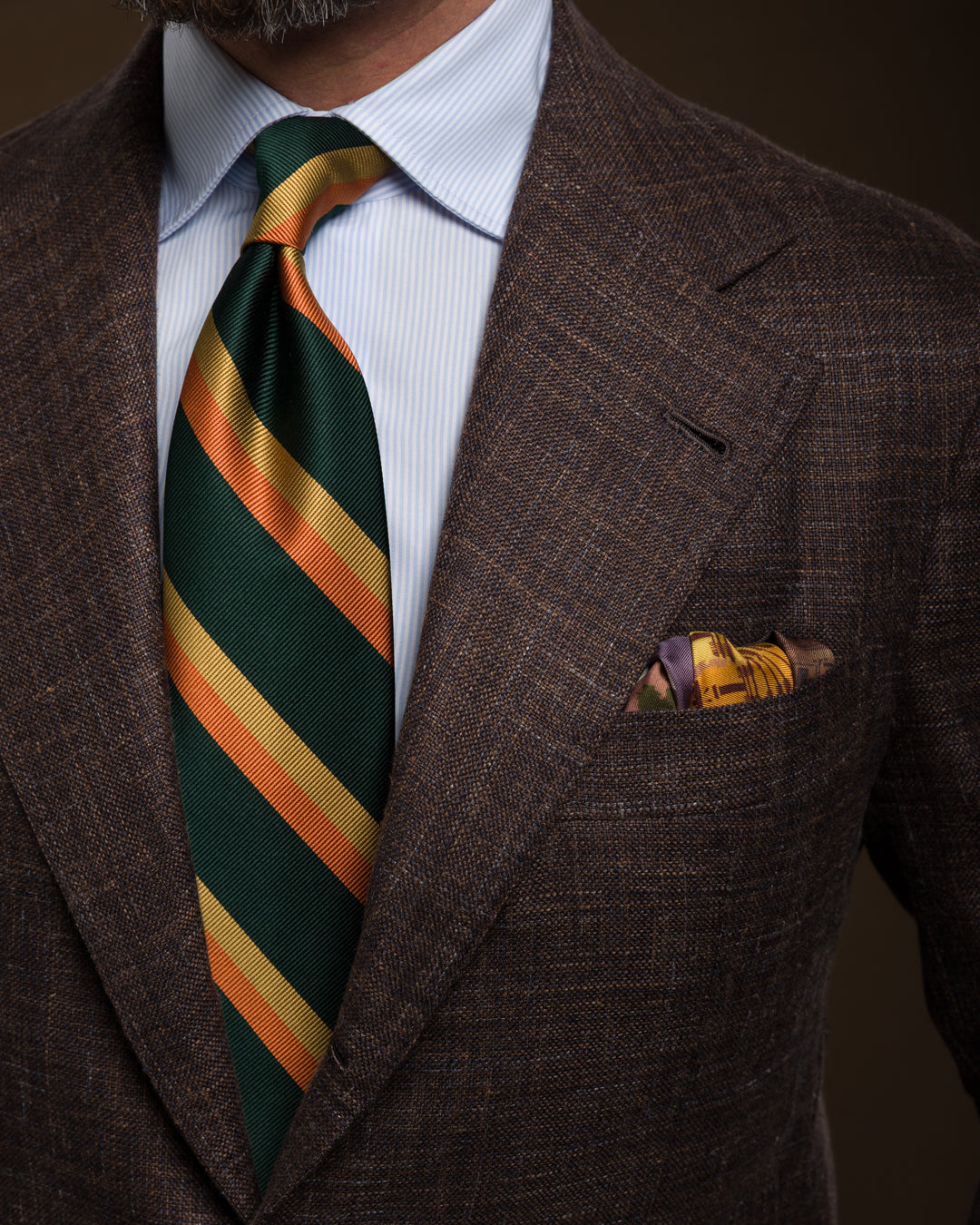 Japanese Repp Stripe Silk Tie - Forest / Beige / Orange