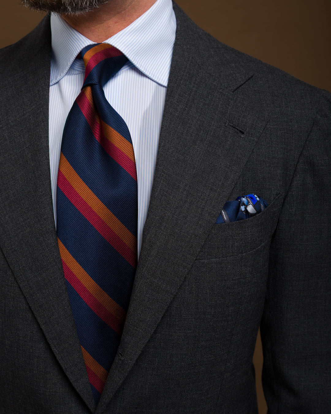 Japanese Repp Stripe Silk Tie - Navy / Copper / Cherry