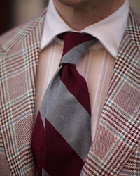 Block Stripe Shantung Silk Tie - Grey / Burgundy