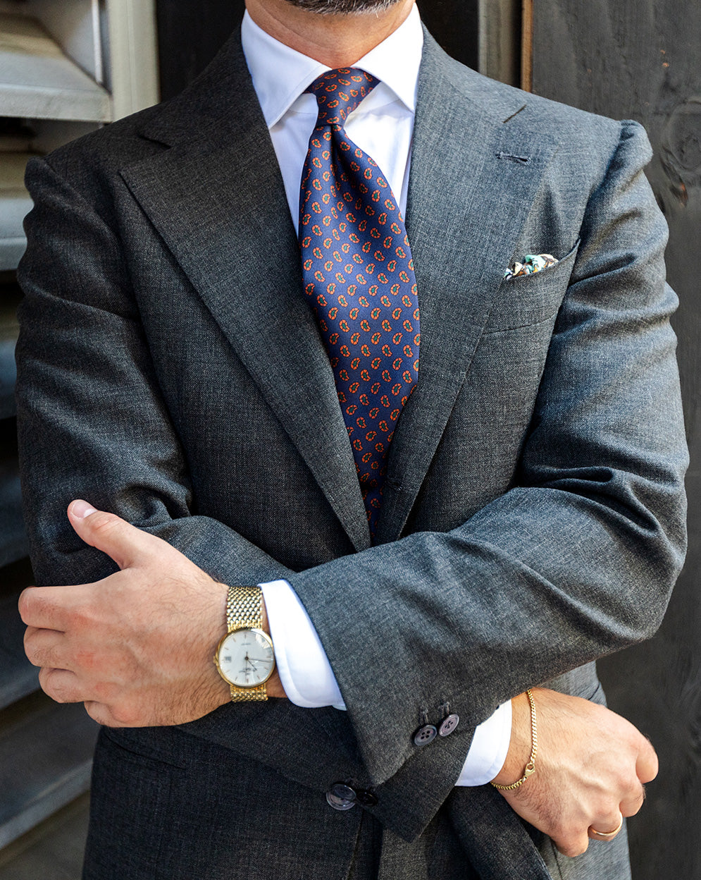 Ancient Madder Silk Tie - Navy - Hand-Rolled