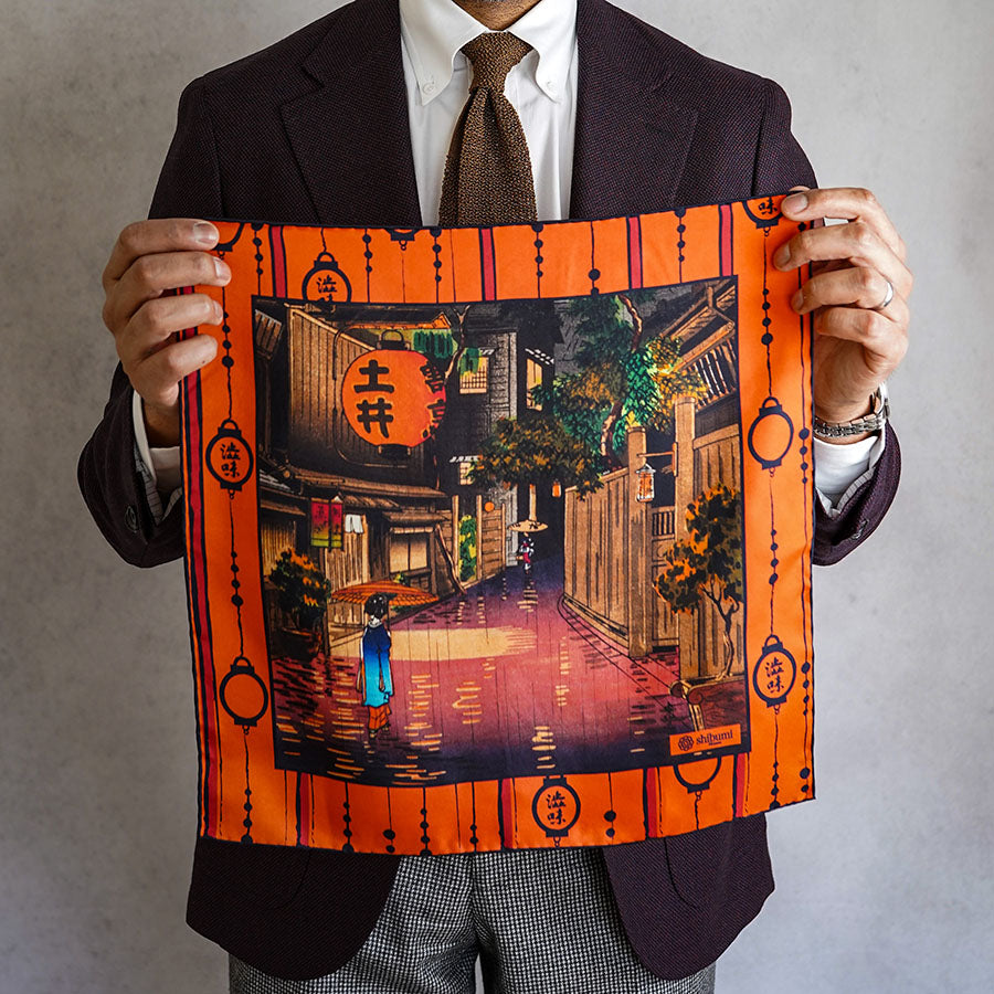 Ukiyo-e Silk Pocket Square - Beni Chochin - 40x40cm