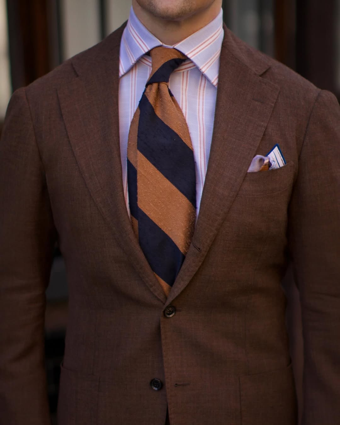Block Stripe Soft Shantung Silk Tie - Navy / Melon - Hand