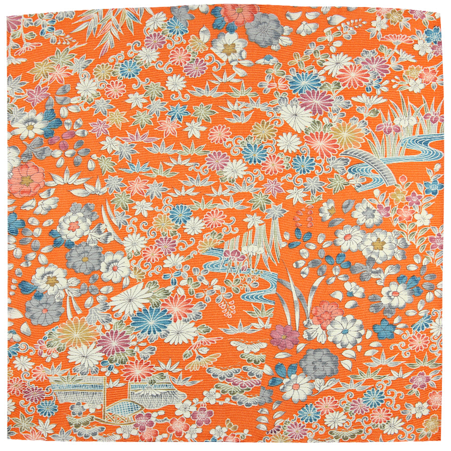 Vintage Kimono Silk Pocket Square - Orange - Hand-Rolled