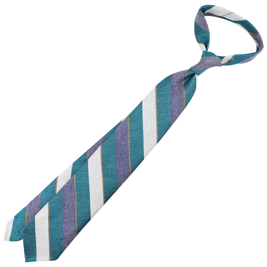 Striped Cotton / Silk / Linen Tie - Ivory / Blue / Teal