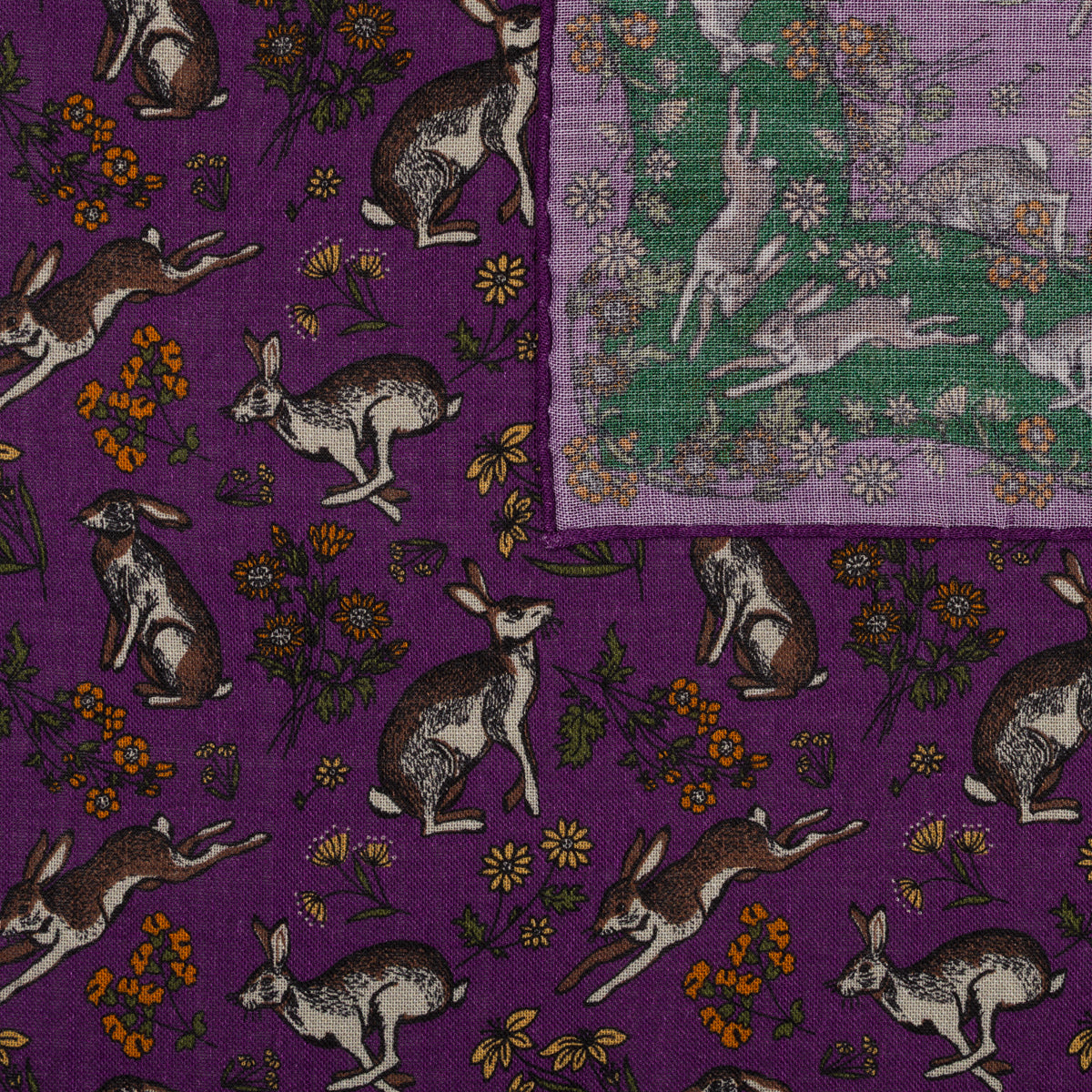 Rabbit Motif Wool / Silk Pocket Square - Purple - 40x40cm