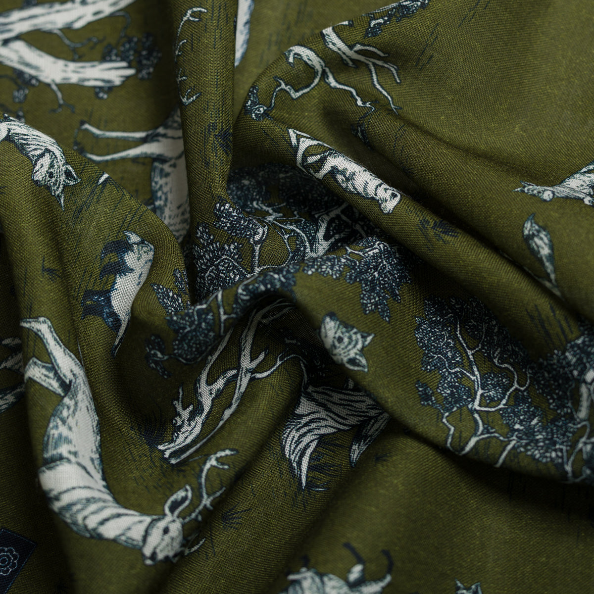 Animal Motif Wool / Silk Pocket Square - Olive - 40x40cm