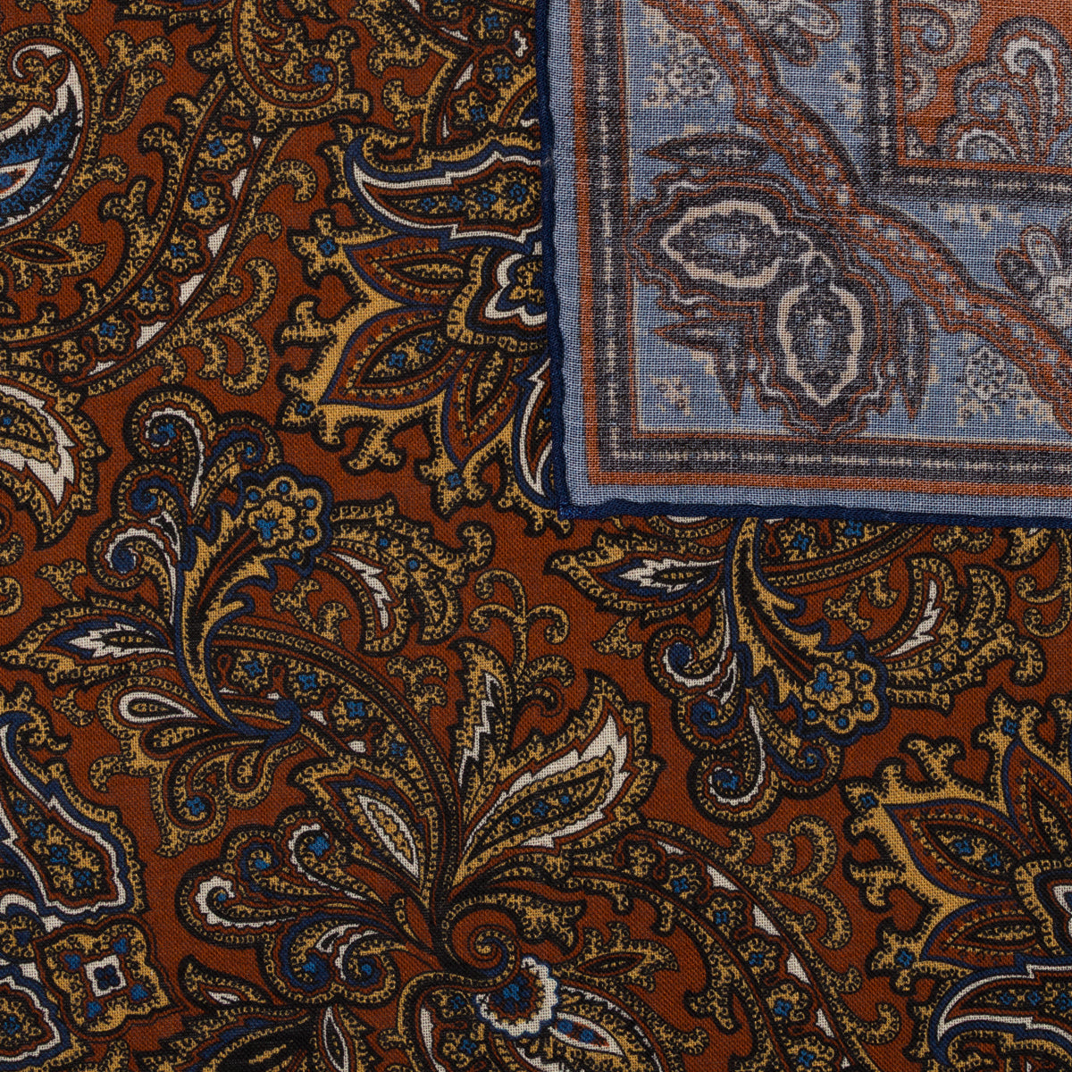 Paisley Motif Wool / Silk Pocket Square - Rust - 40x40cm