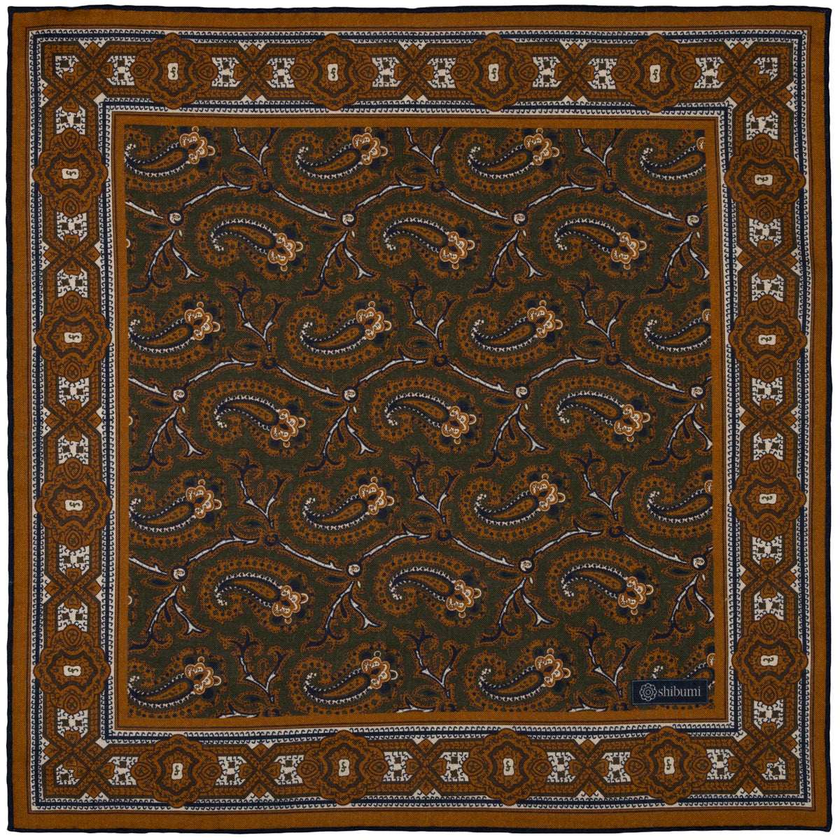 Paisley Motif Wool / Silk Pocket Square - Olive / Gold- 40x40cm