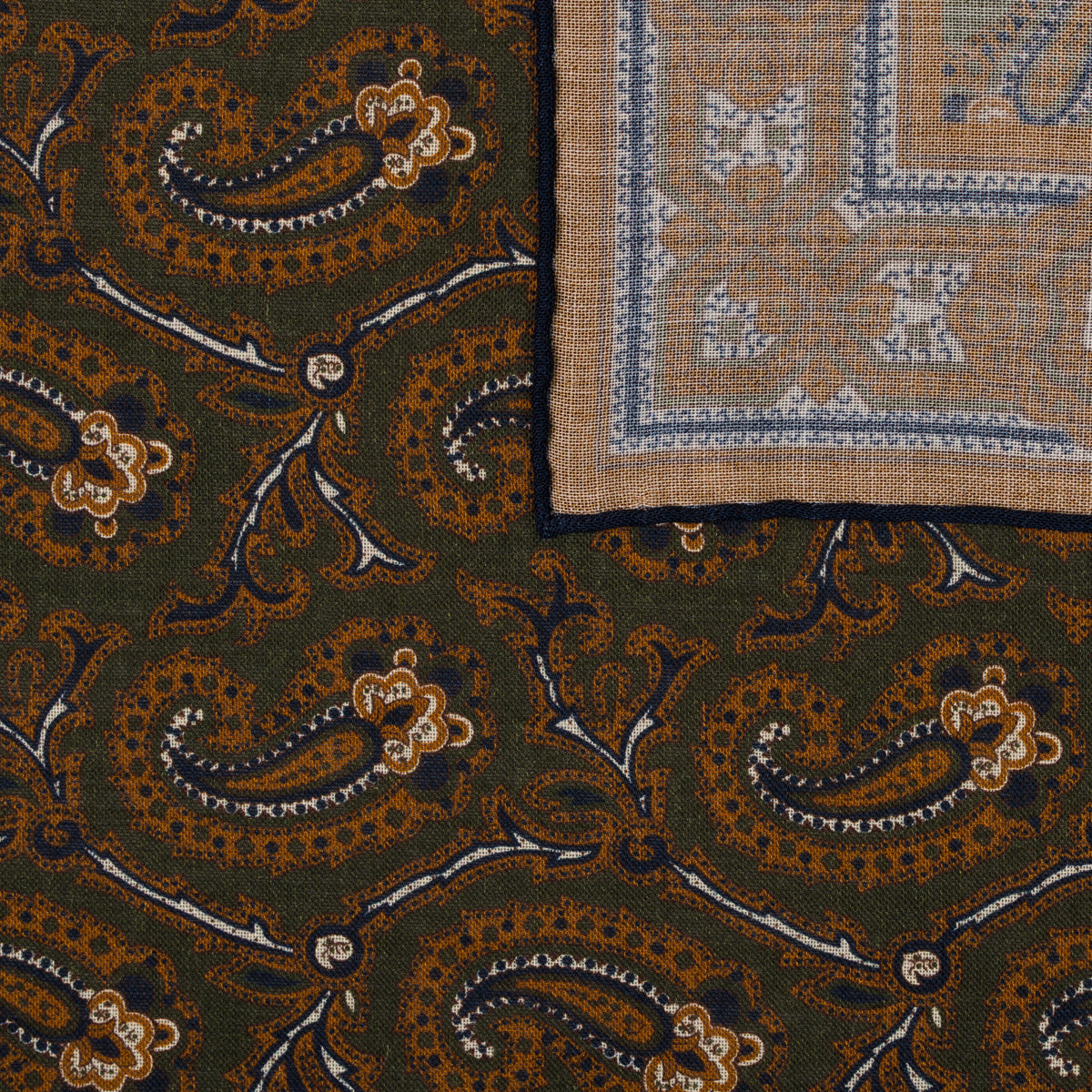 Paisley Motif Wool / Silk Pocket Square - Olive / Gold- 40x40cm
