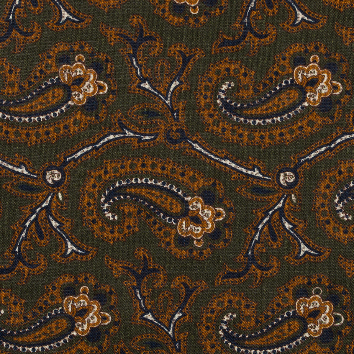 Paisley Motif Wool / Silk Pocket Square - Olive / Gold- 40x40cm