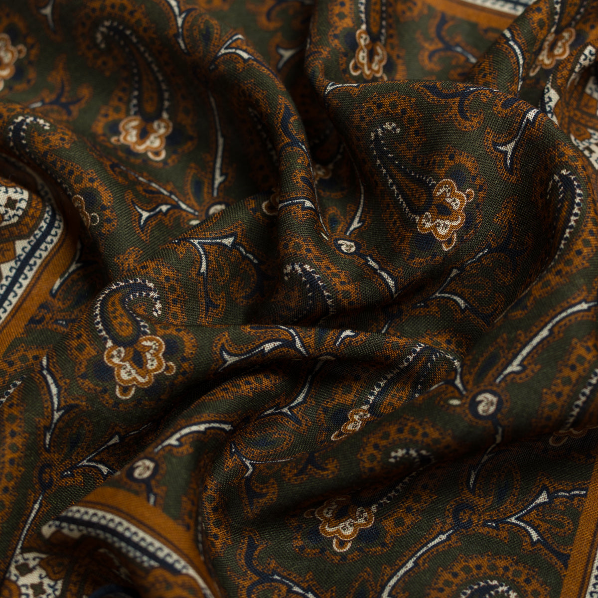 Paisley Motif Wool / Silk Pocket Square - Olive / Gold- 40x40cm