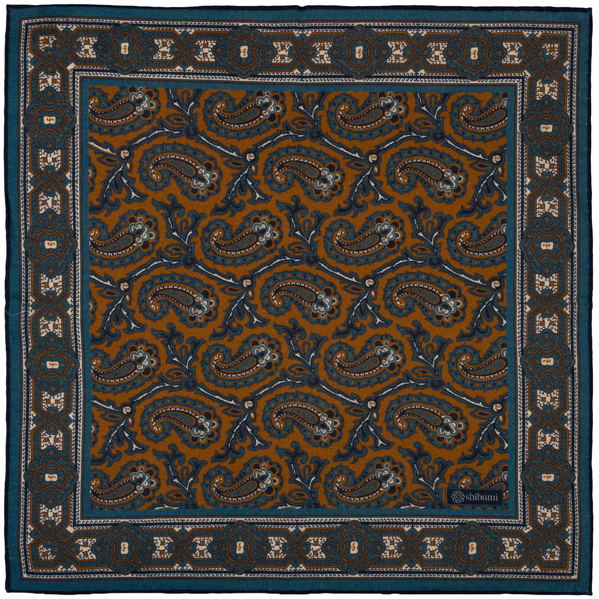 Paisley Motif Wool / Silk Pocket Square - Terracotta / Blue - 40x40cm