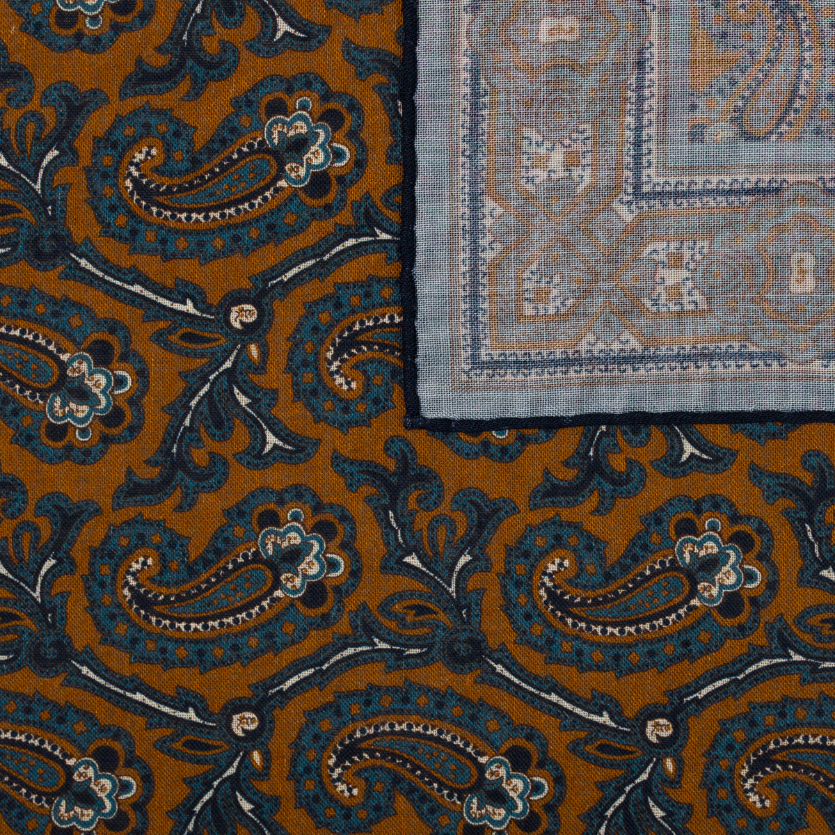 Paisley Motif Wool / Silk Pocket Square - Terracotta / Blue - 40x40cm