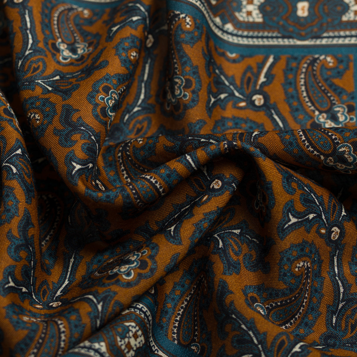 Paisley Motif Wool / Silk Pocket Square - Terracotta / Blue - 40x40cm