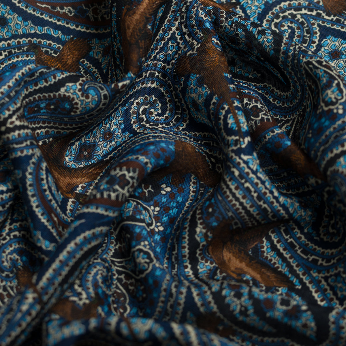 Paisley Motif Wool / Silk Pocket Square - Blue - 40x40cm