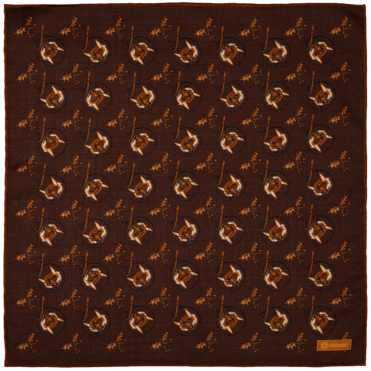 Fox Motif Wool / Silk Pocket Square - Brown - 40x40cm
