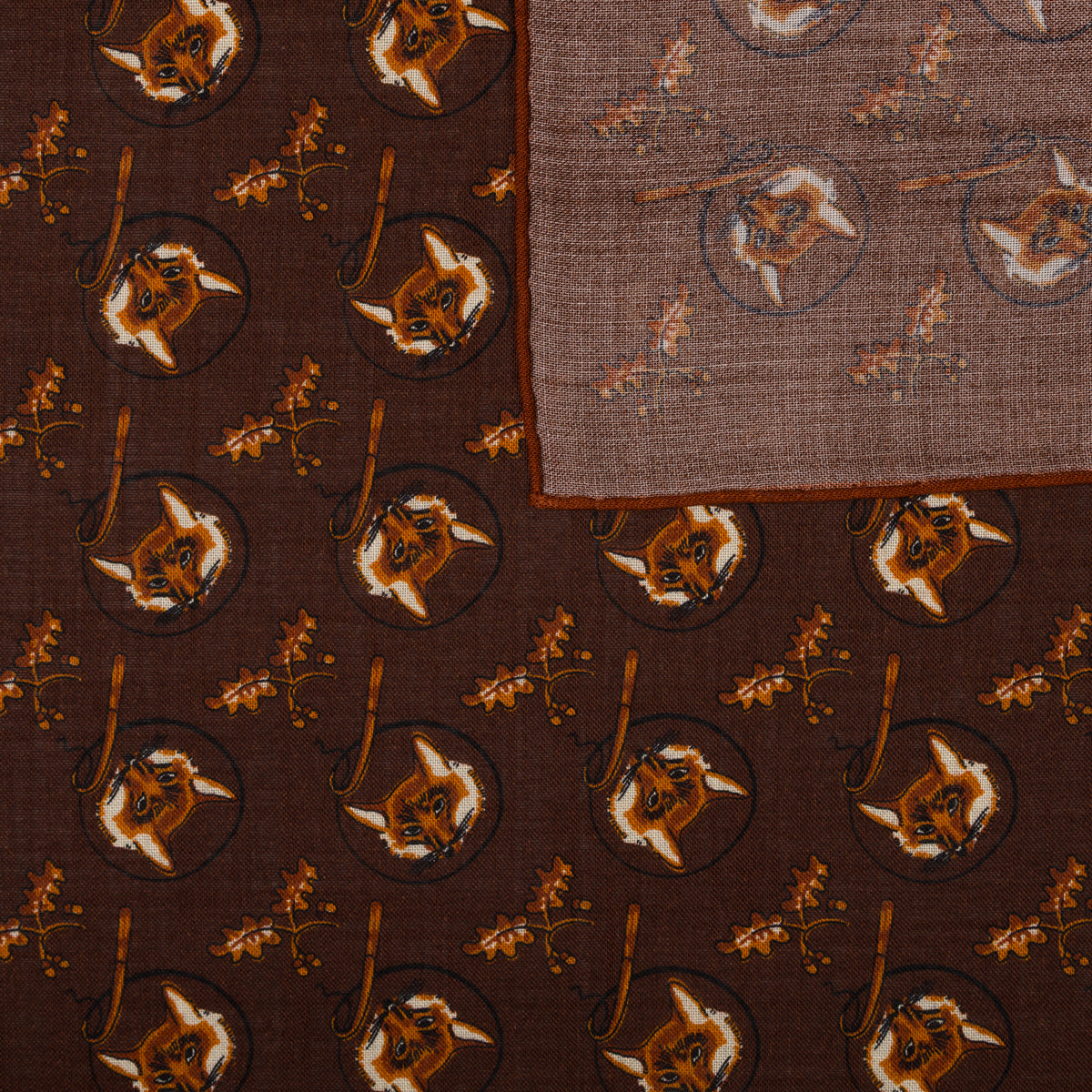 Fox Motif Wool / Silk Pocket Square - Brown - 40x40cm