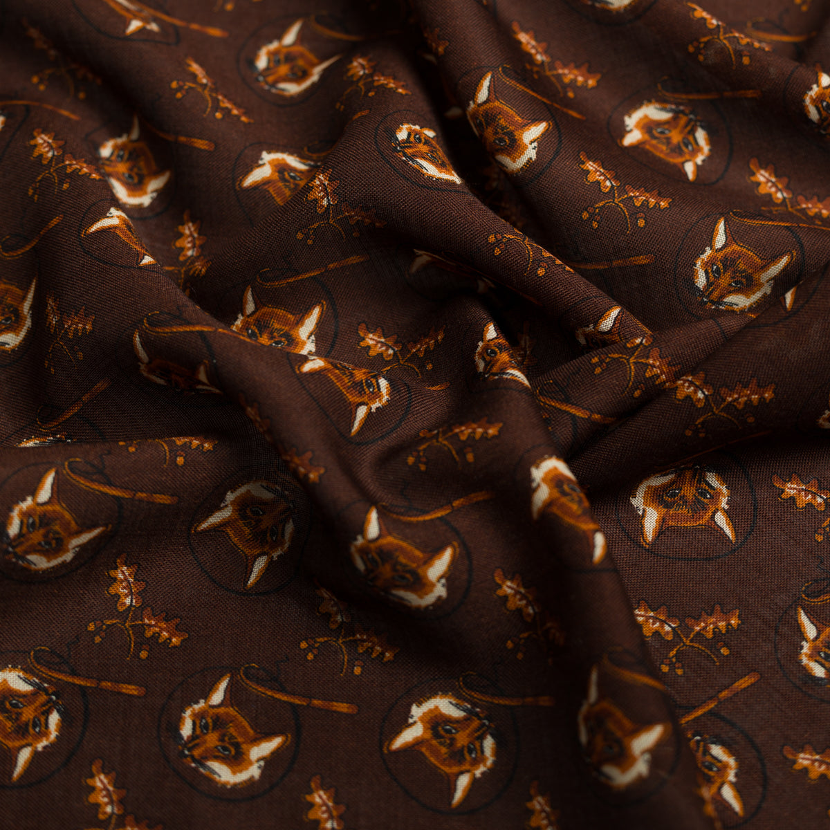 Fox Motif Wool / Silk Pocket Square - Brown - 40x40cm