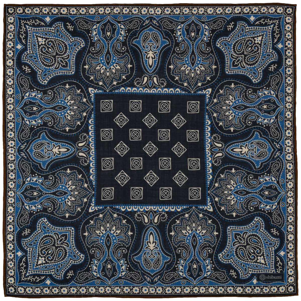 Paisley Motif Wool / Silk Pocket Square - Navy - 40x40cm