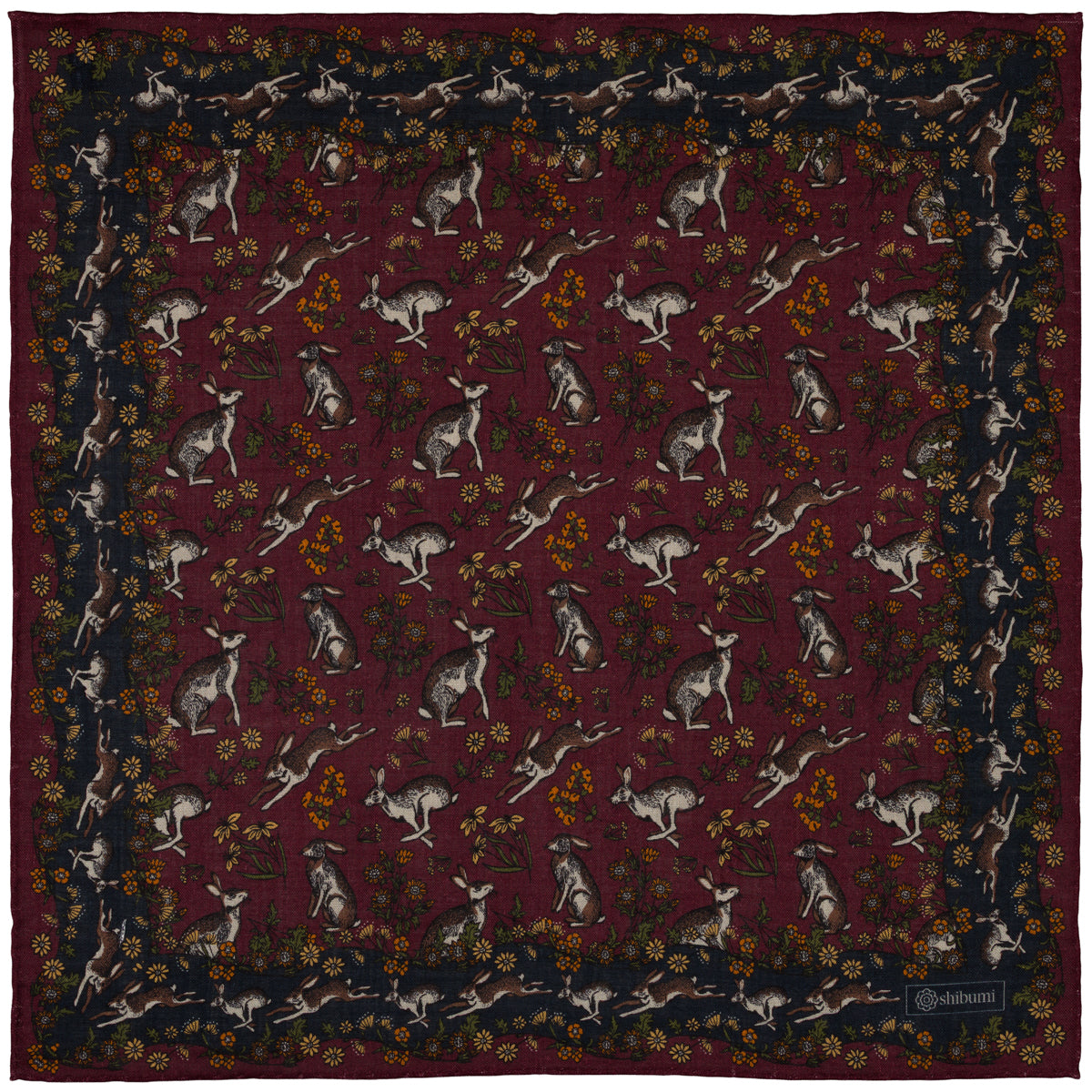 Rabbit Motif Wool / Silk Pocket Square - Burgundy - 40x40cm