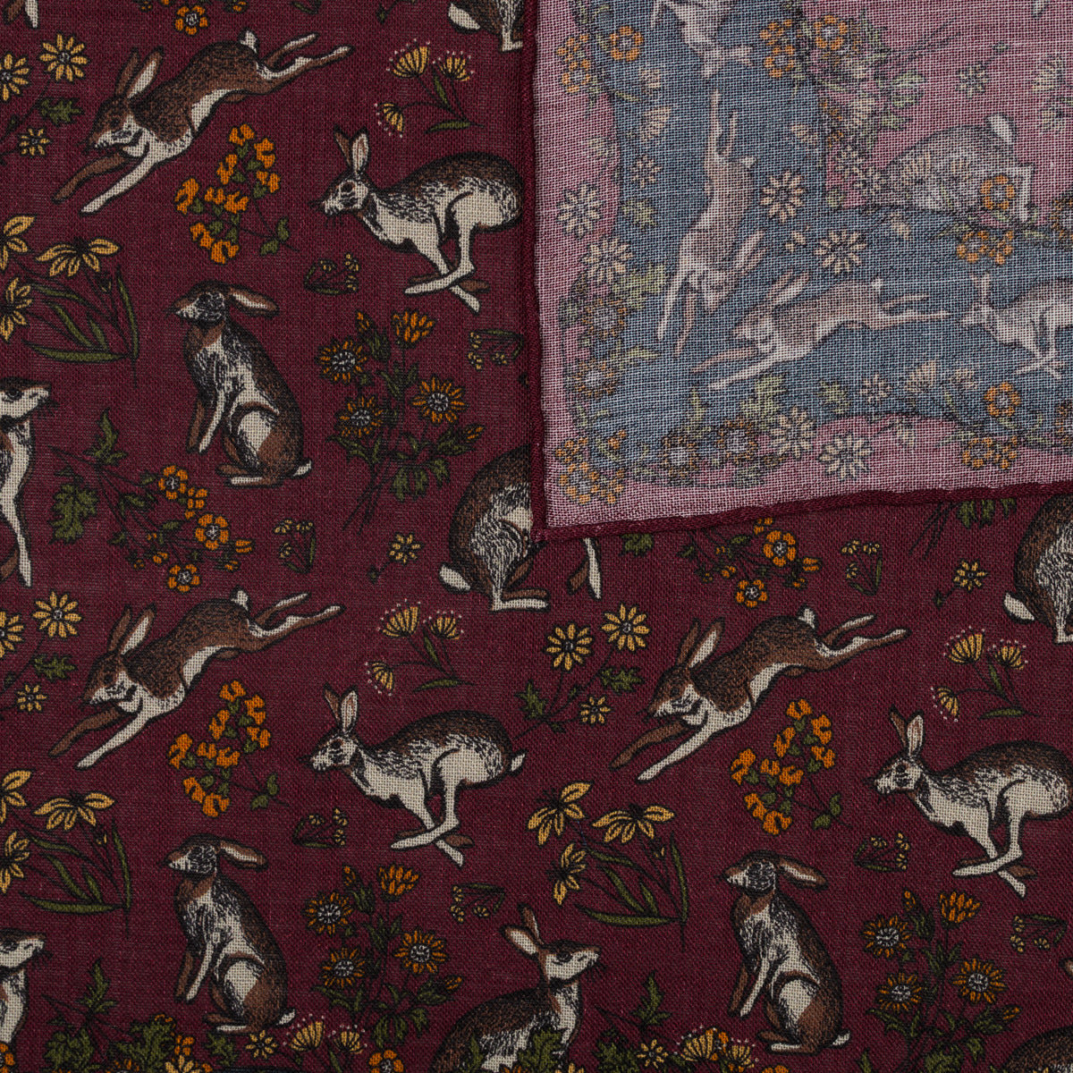 Rabbit Motif Wool / Silk Pocket Square - Burgundy - 40x40cm
